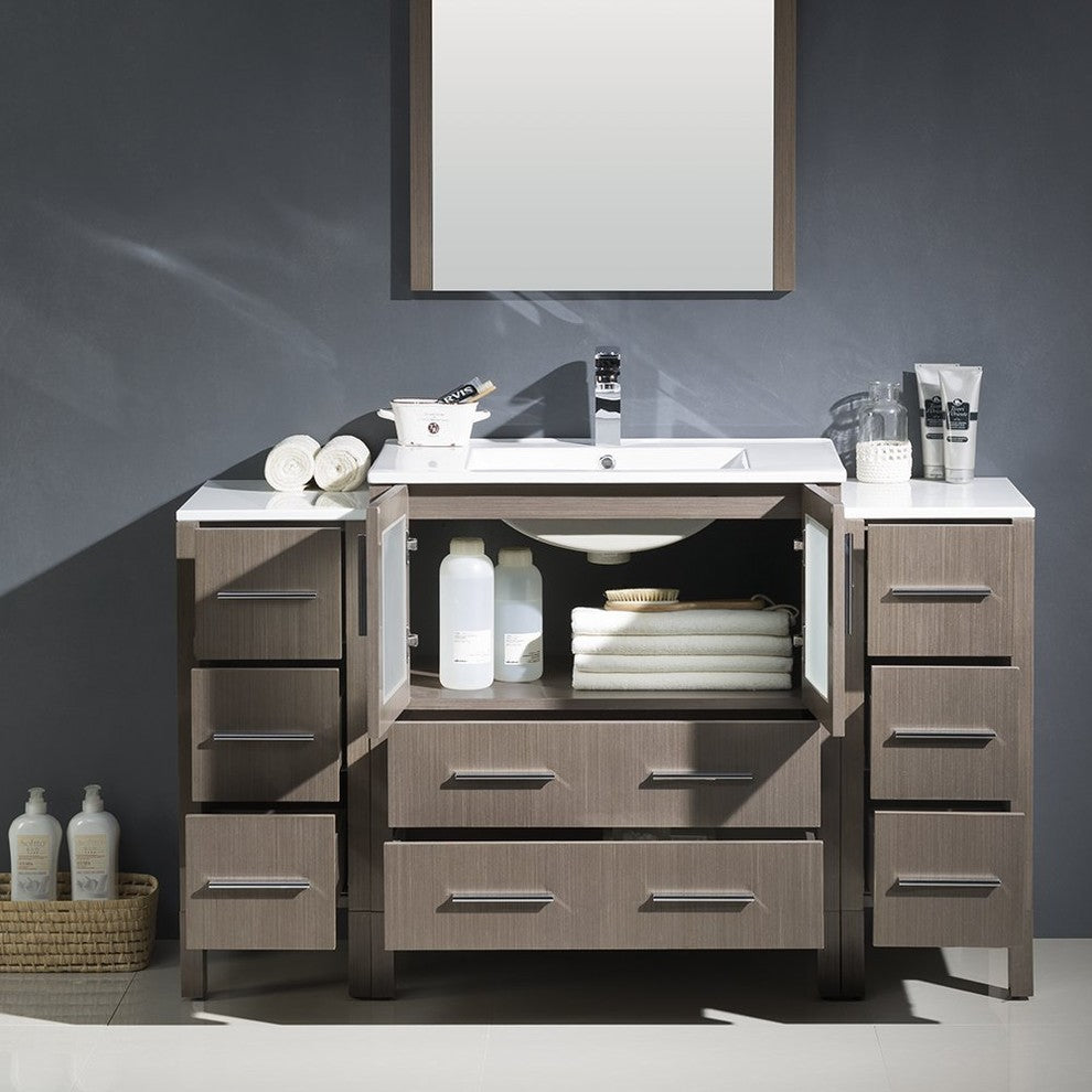 Torino 54" Gray Oak Modern Bathroom Vanity With 2 Side Cabinets, FFT3071BN