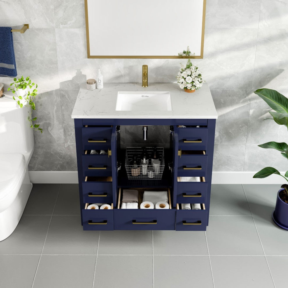 Eviva Hampton 36" Blue Vanity With White Quartz Top