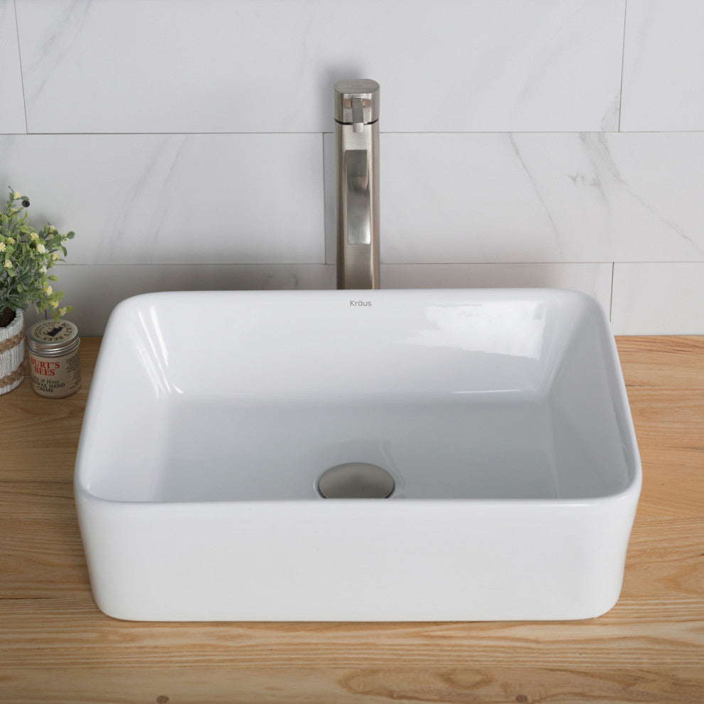 Elavo Square Ceramic Vessel Sink, Bathroom Ramus Faucet, PU Drain, Satin Nickel