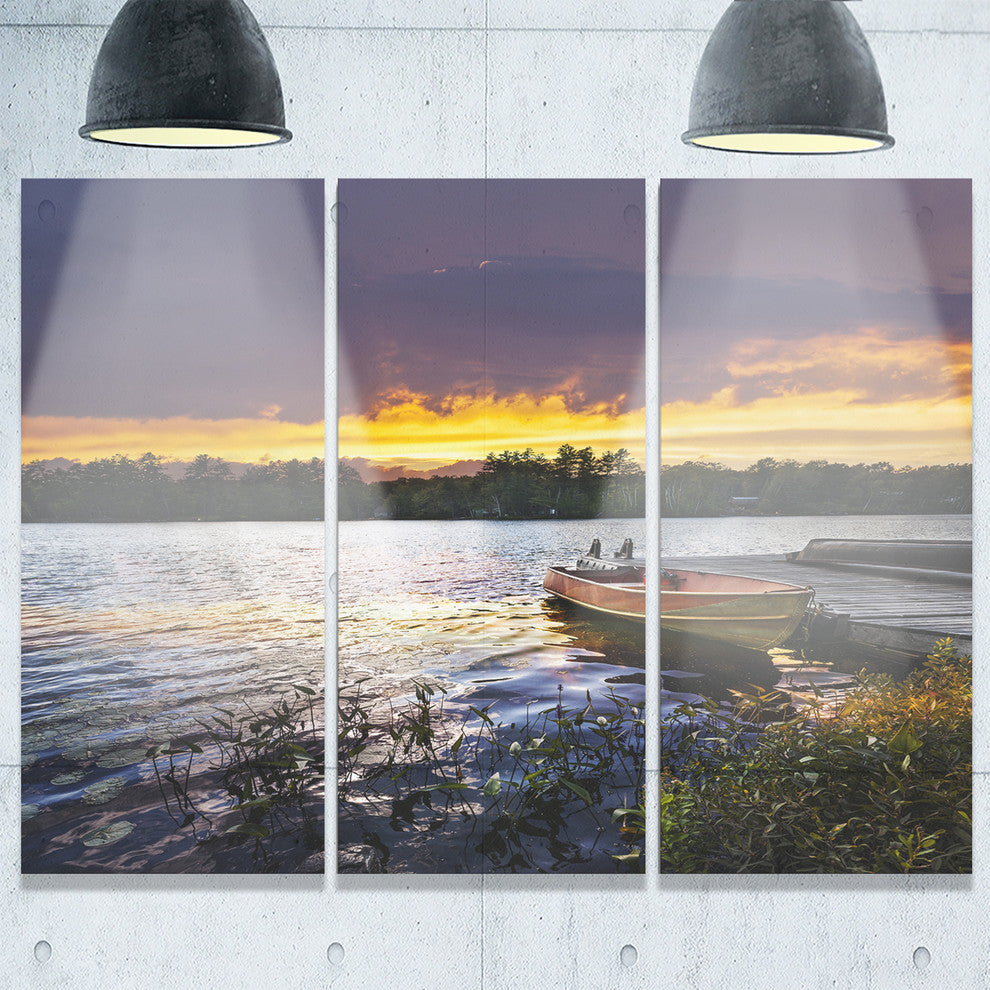 "Boat Docked in Lake at Sunset" Metal Wall Art, 3 Panels, 36"x28"