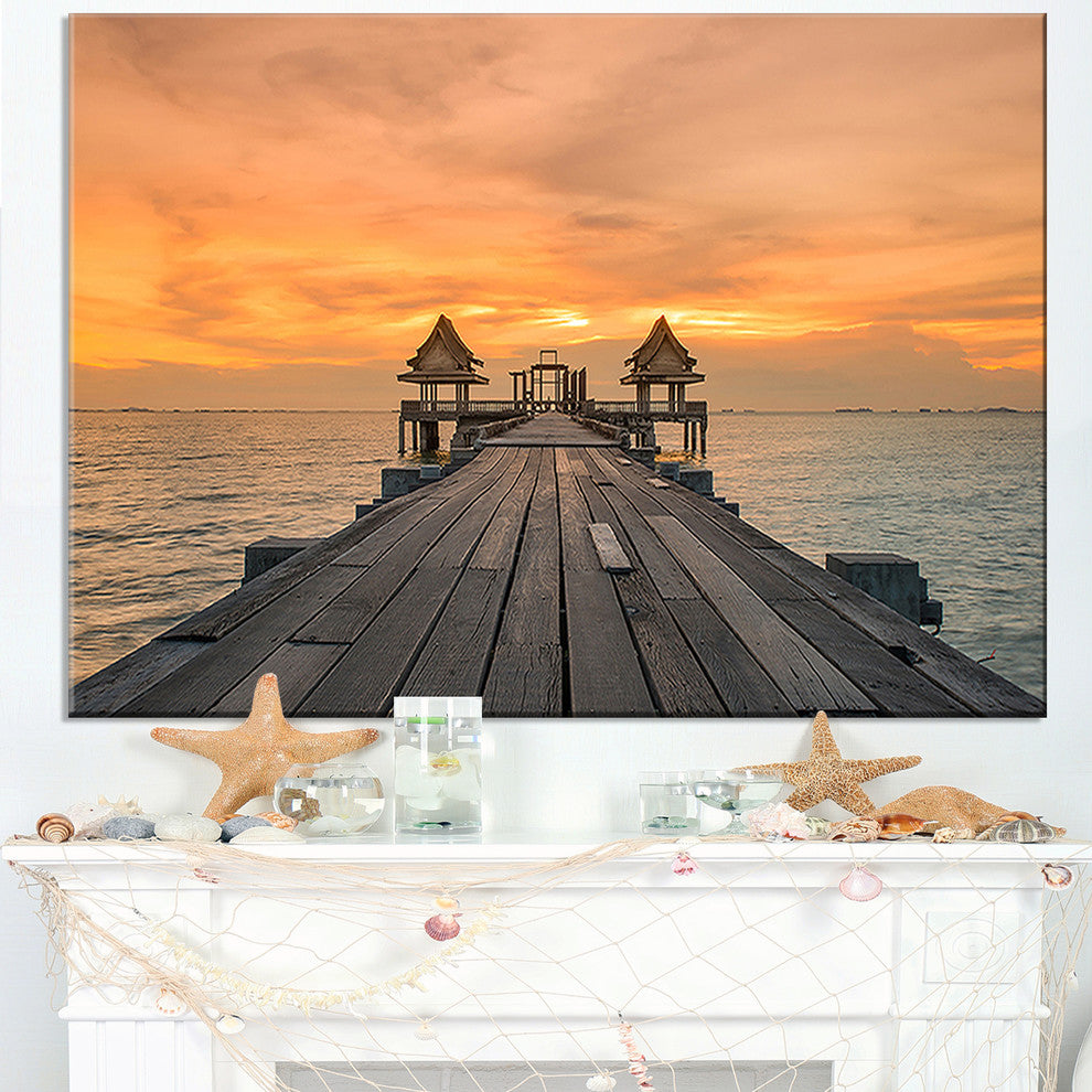 "Massive Wooden Bridge Into The Sea" Sea Pier and Bridge Art Canvas, 32"x16"