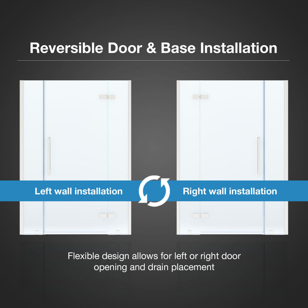 Tampa Alcove Frameless Pivot Hinge Shower Door Kit With Base Pan, Satin Nickel, 54x36"