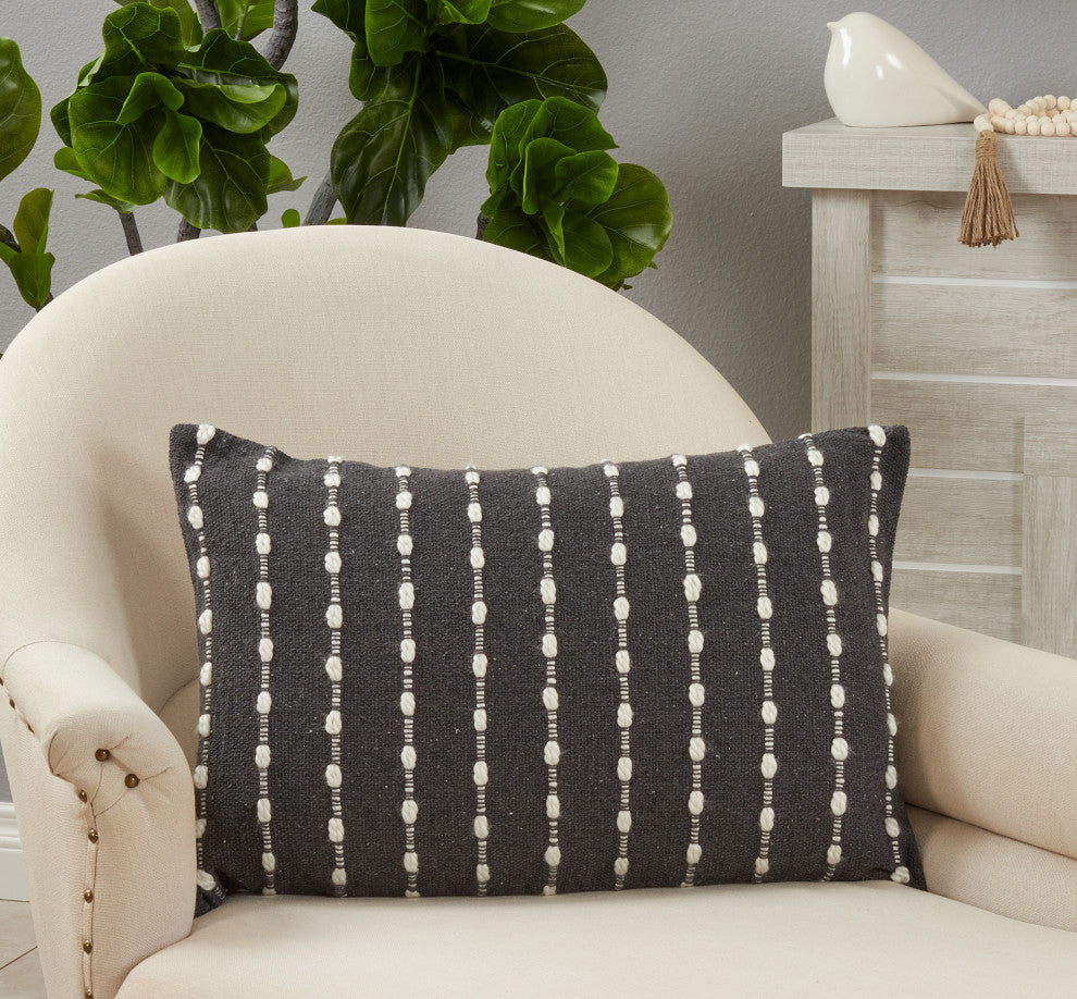 Throw Pillow Cover With Chunky Striped Design, 16"x24", Black