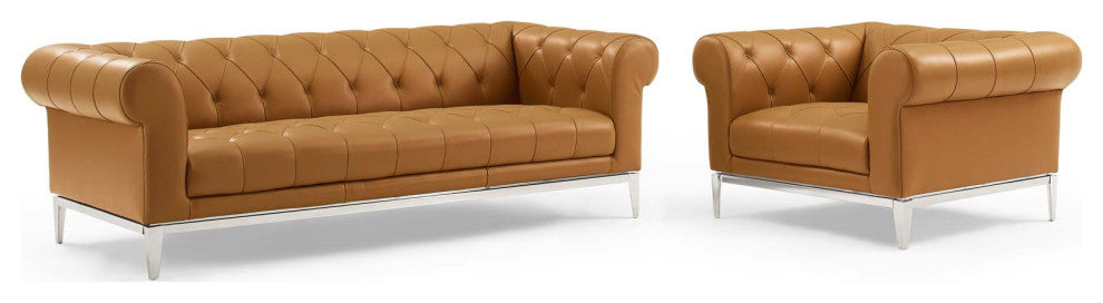 Idyll Tufted Upholstered Leather Sofa and Armchair Set - Tan