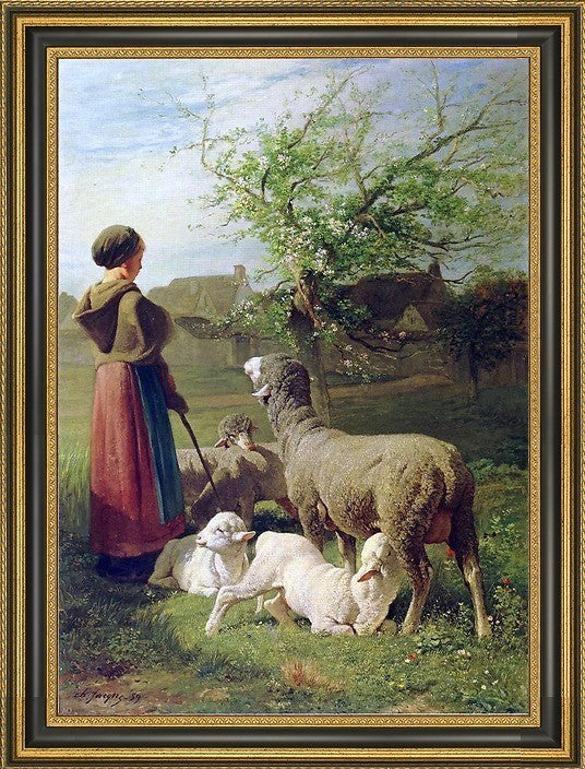 Charles Emile Jacque Springtime Le PrintempsFramed Premium Canvas Print, 18"x27"
