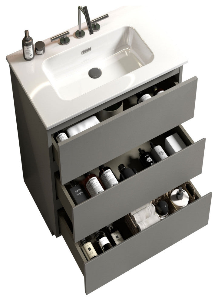 Freestanding Bathroom Vanity Set with White Ceramic Sink Basin, Gray, 24"