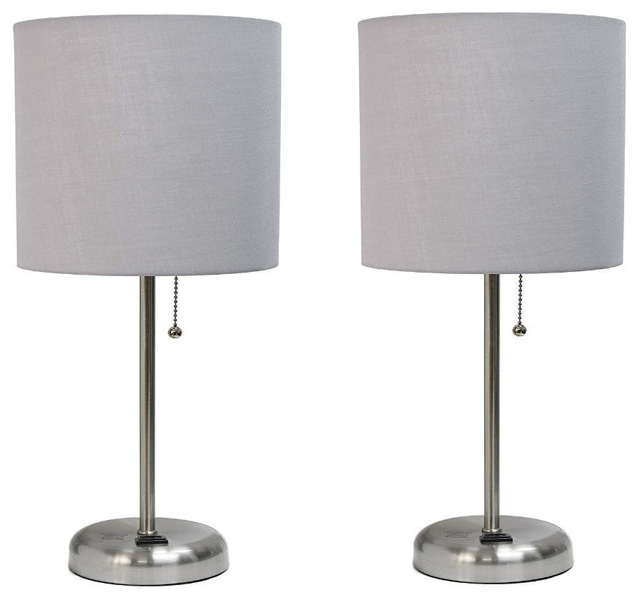 Gray Brushed Steel Lamp With Charging Outlet and Shade, Gray, Pack of 2