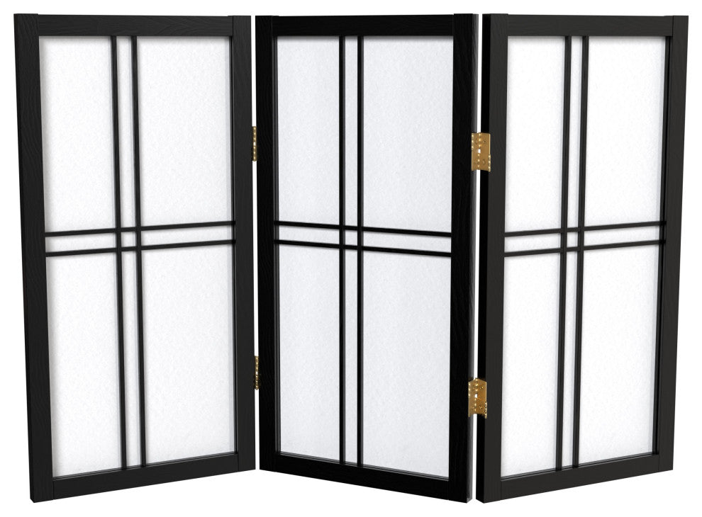 2' Tall Desktop Double Cross Shoji Screen, Black, 3 Panels