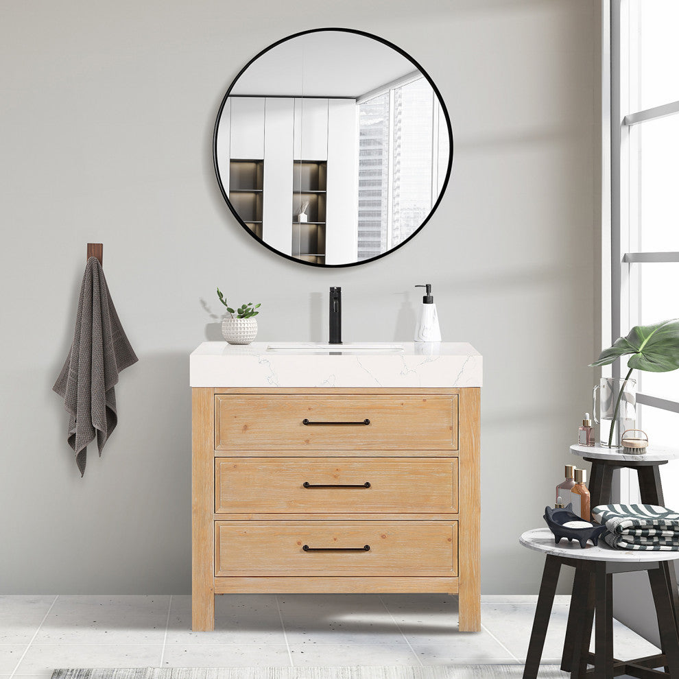 Leon Bath Vanity With Composite Stone Top, Fir Wood Brown, 36", No Mirror