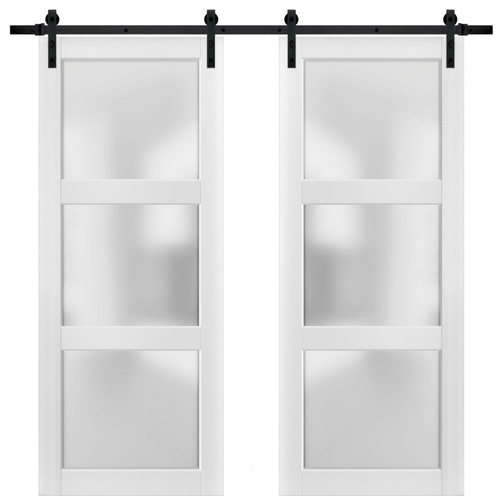 Sturdy Double Barn Door 60x80 Glass Lites | Lucia 2552 Matte White | 13FT Rail