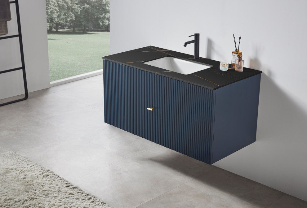 BARCELONA Wall Mount Modern Bathroom Vanity, Dark Blue, 42", Black Countertop
