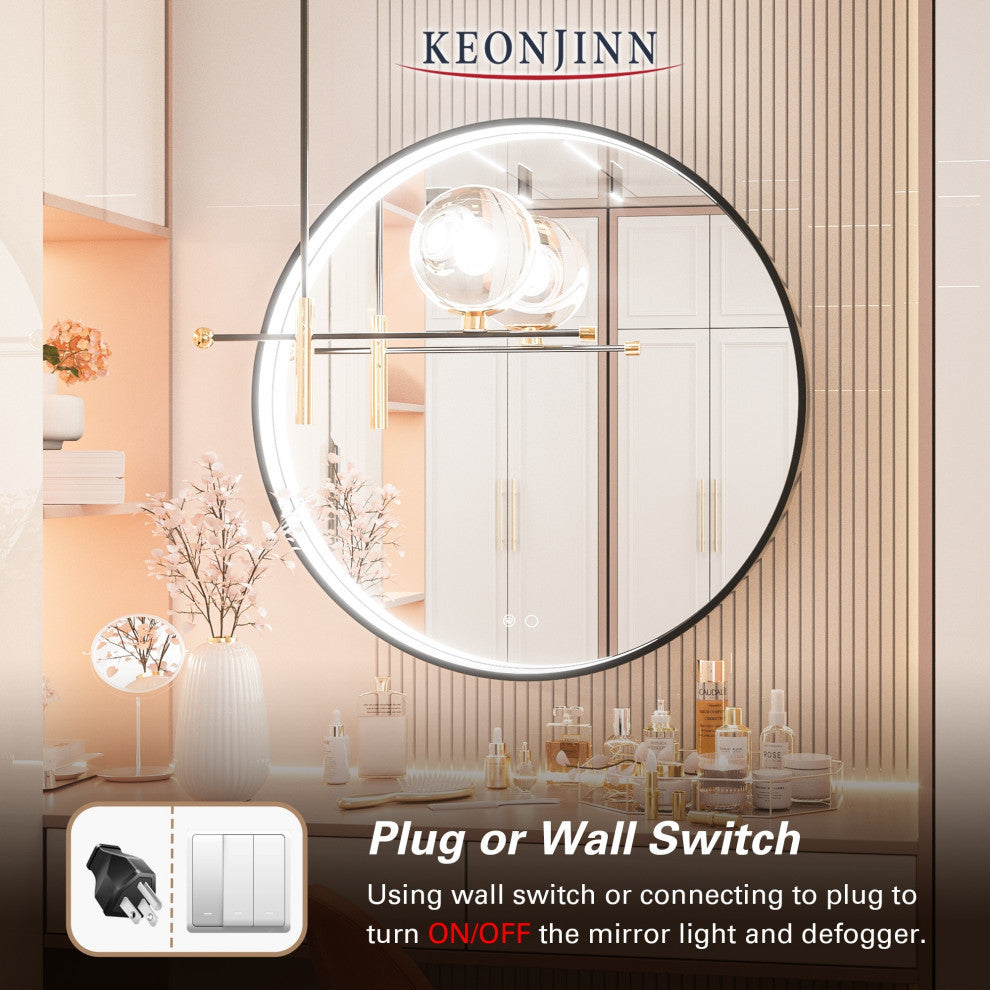 Metal Framed Round LED Vanity Mirror Anti-Fog Wall Mount Makeup Mirror, 24"