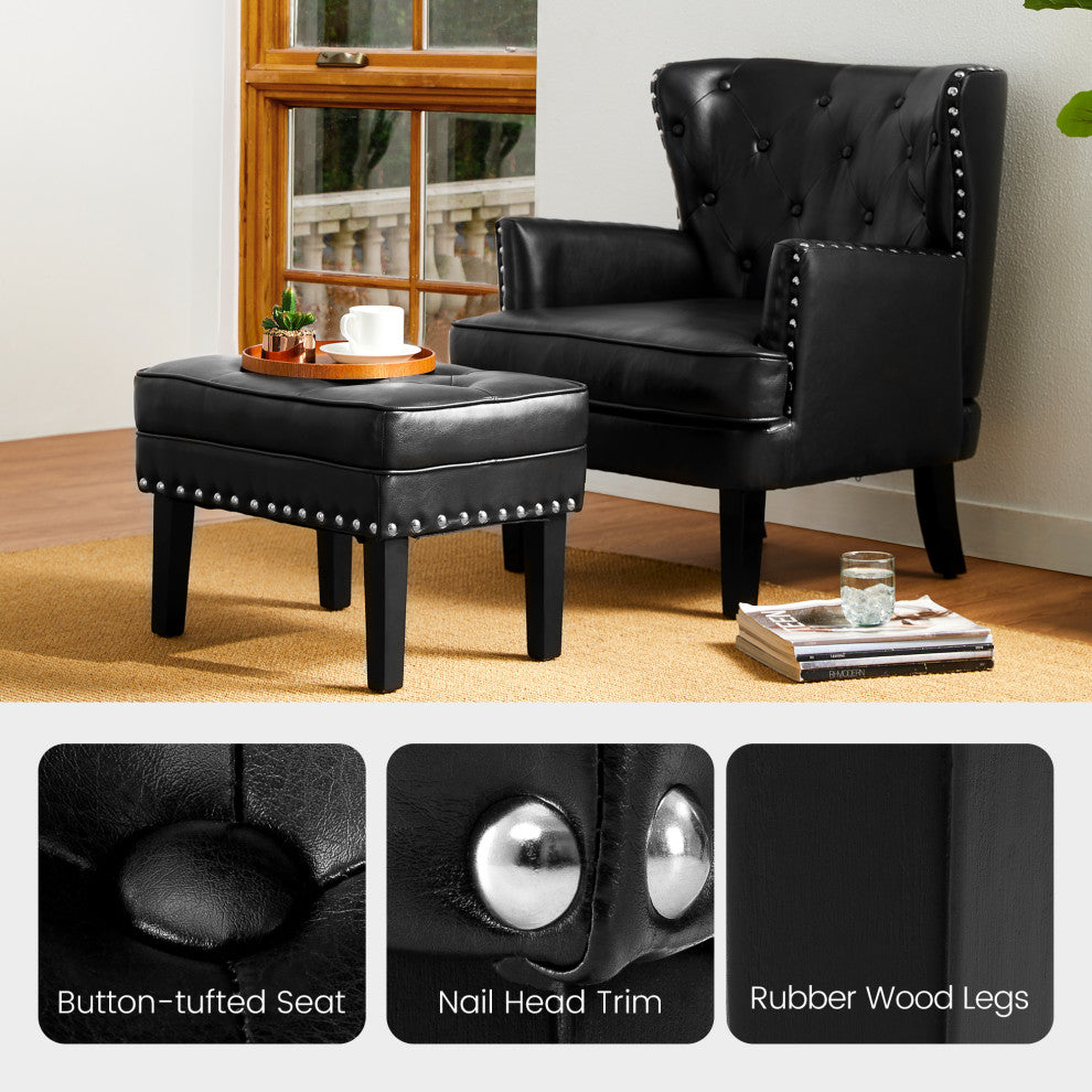 Set of 2 Accent Chair and Accent Stool, Black