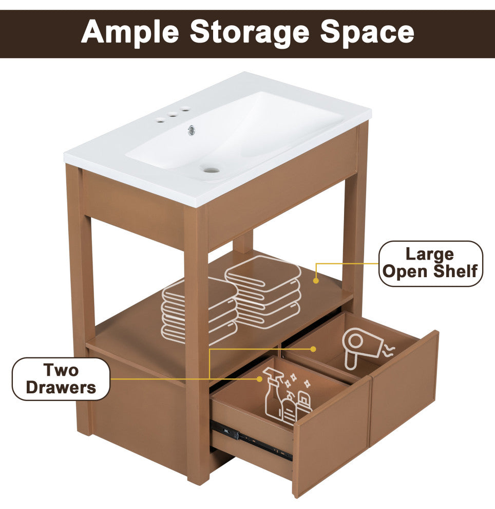 GDF Studio 30"W Vanity With Ceramic Sink, Open Shelf & Two Drawers, Brown
