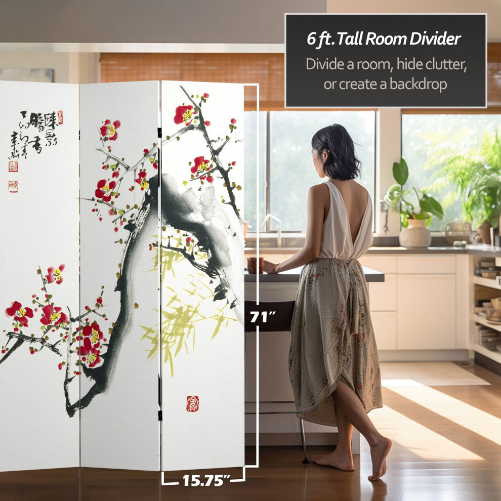 6' Tall Double Sided Cherry Blossoms and Love Canvas Room Divider