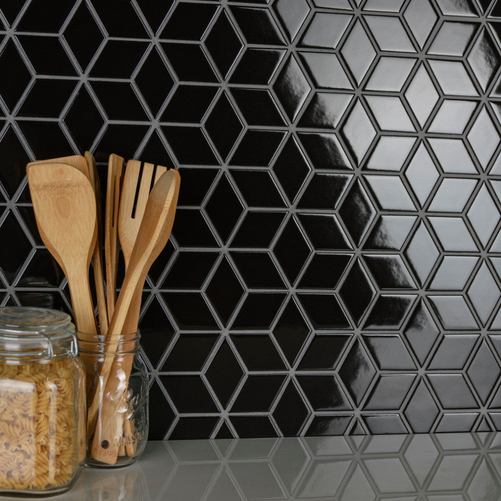 Metro Rhombus Glossy Black Porcelain Floor and Wall Tile