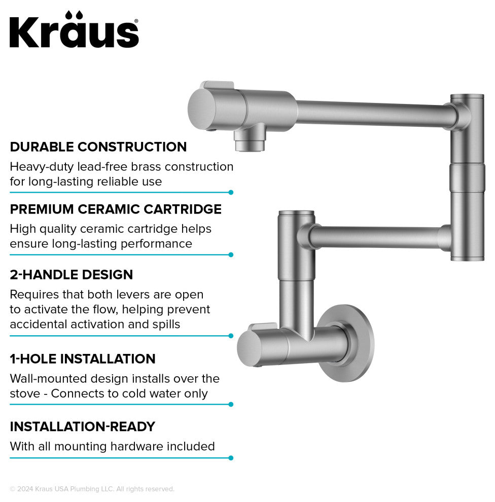 KRAUS Bolden 2 Handle Wall Mount Pot Filler Faucet, Retractable Arm, SFS