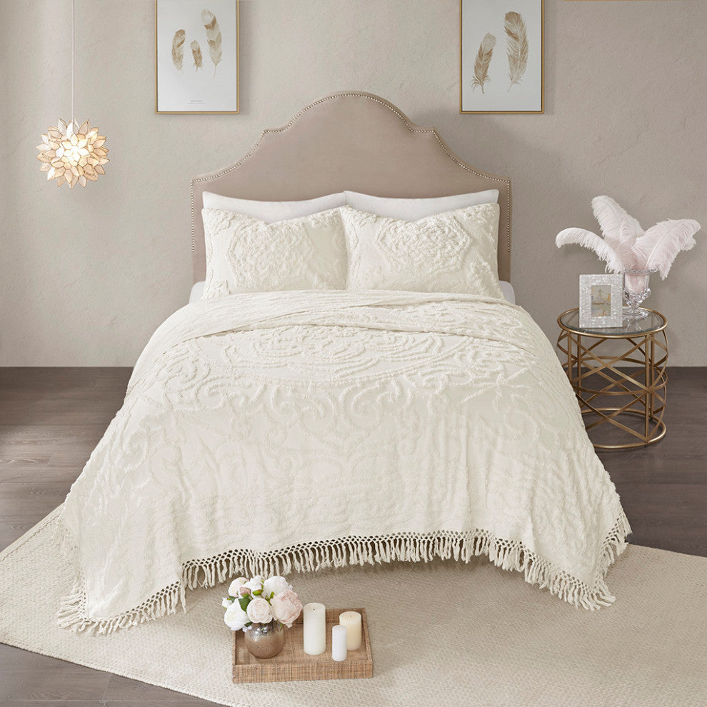 Madison Park Laetitia Tufted Cotton Chenille Medallion Fringe Coverlet Mini Set