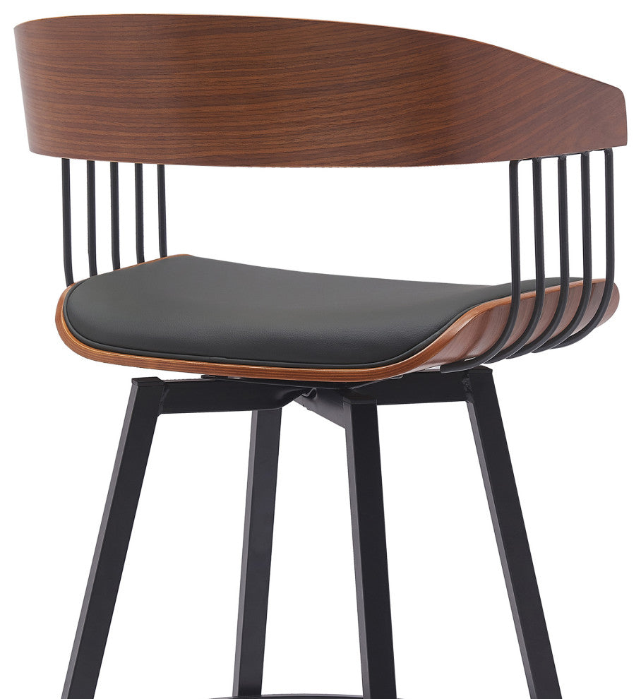 Athena Swivel Walnut Wood Counter Stool Black Faux Leather With Black Metal, 27"