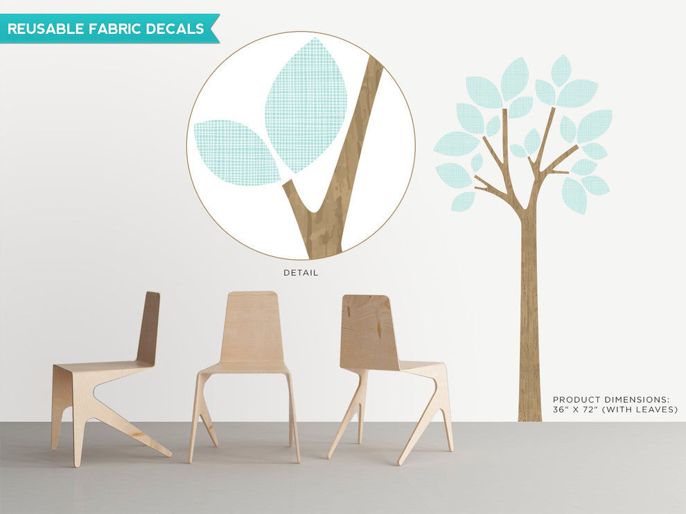 Modern Tree Fabric Wall Decal With Patterned Leaves, Aqua