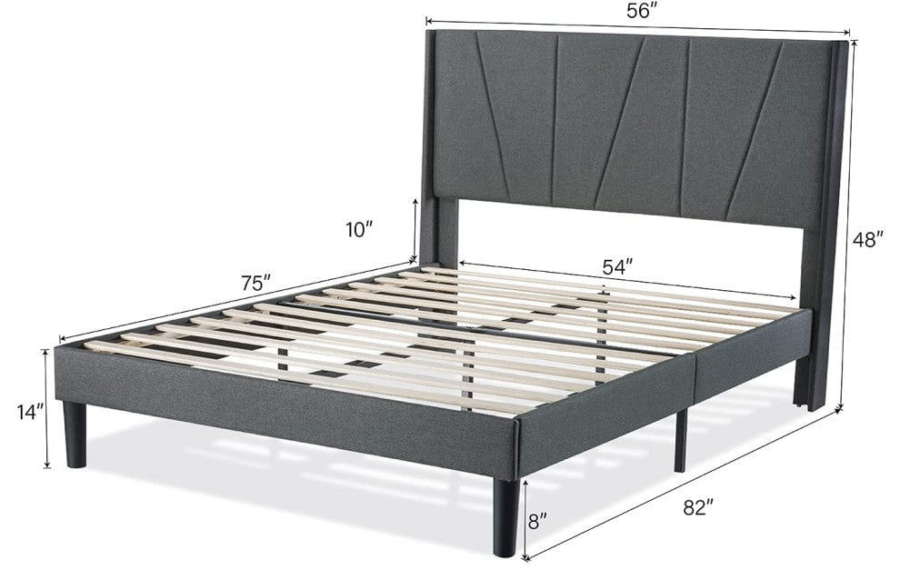 Full Bed Frame, Upholstered Platform Bed with Geometric Headboard and Wingback