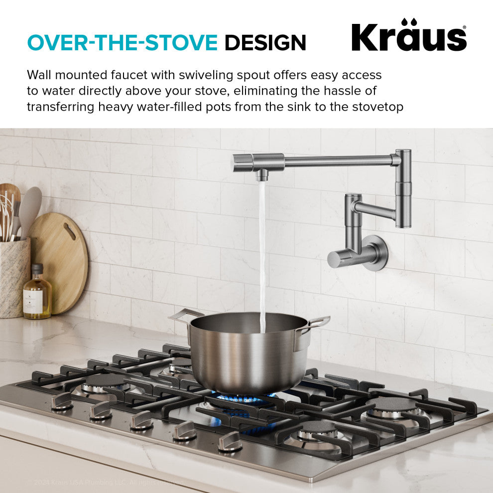 KRAUS Bolden 2 Handle Wall Mount Pot Filler Faucet, Retractable Arm, SFS