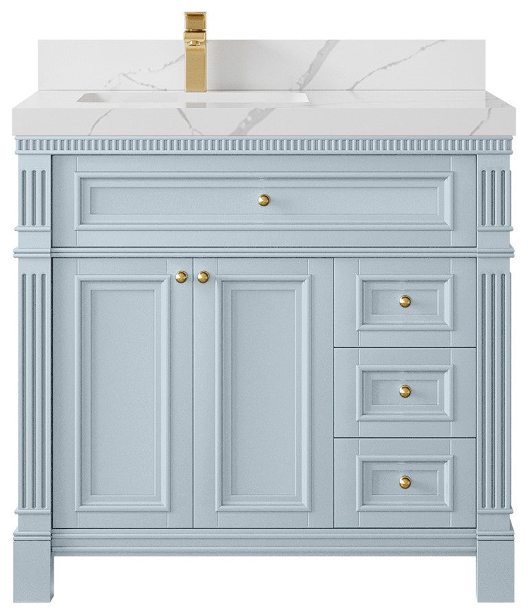 Paris 36" Left Offset Bathroom Vanity, Blue Heather 2" Calacatta Laza