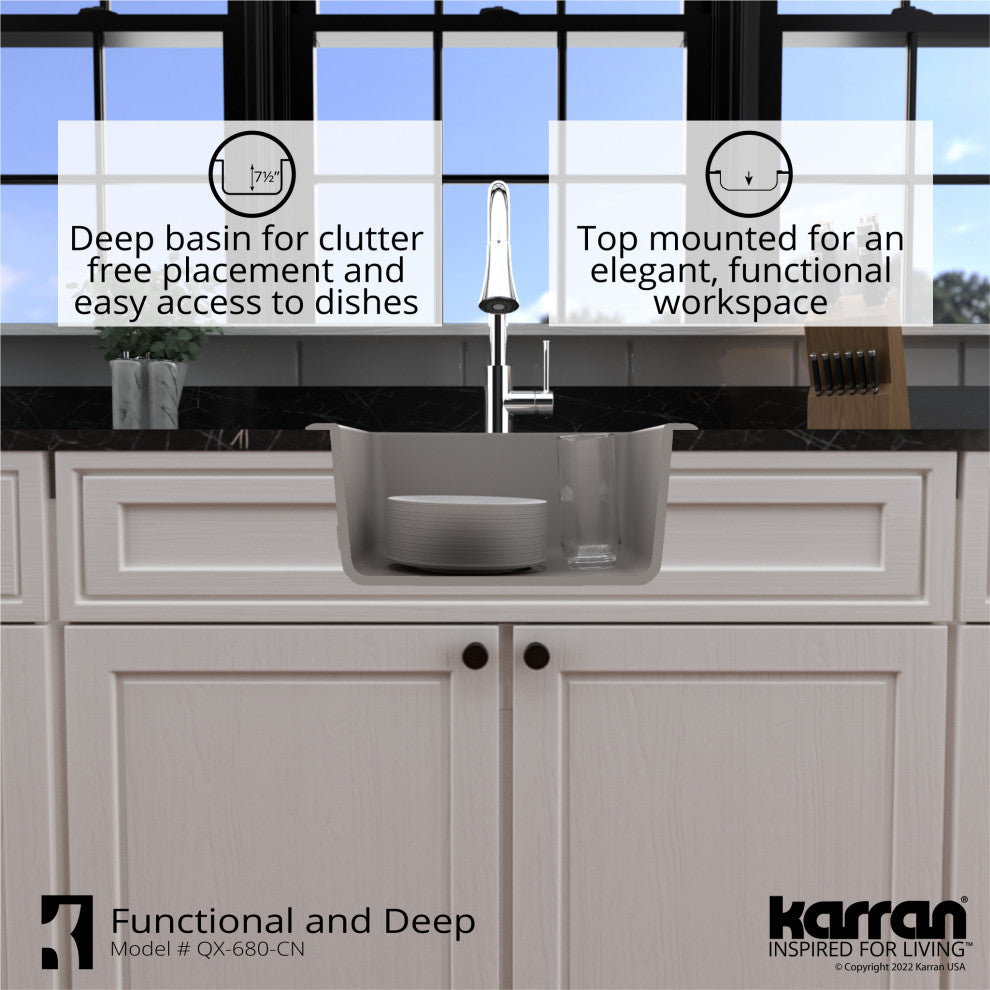 Karran Drop-in or Undermount Quartz 18" Single Bowl Kitchen Sink, Concrete