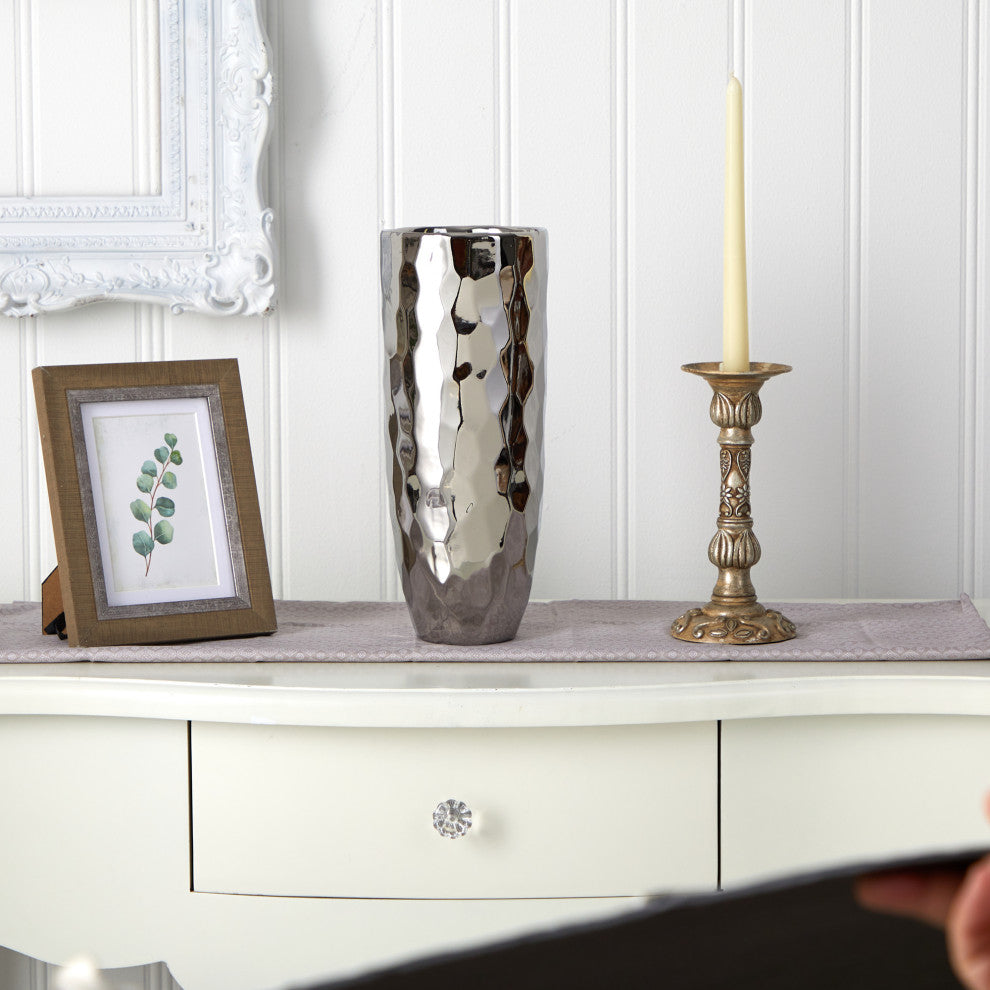 13" Designer Silver Cylinder Vase