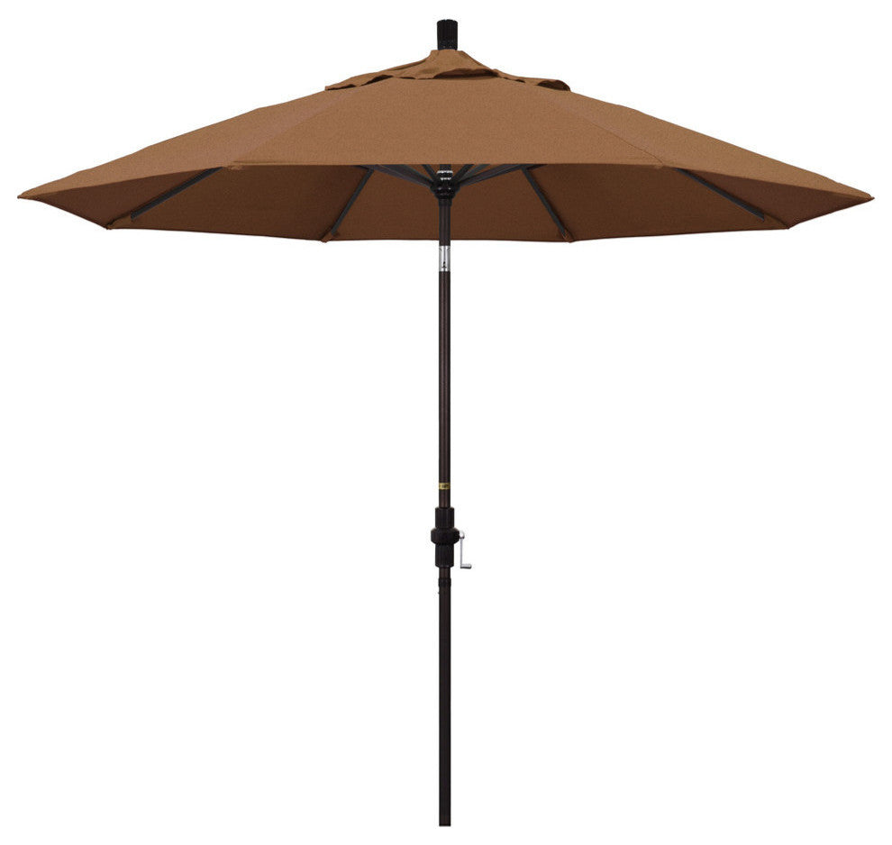 9' Bronze Collar Tilt Crank Lift Aluminum Umbrella, Sunbrella, Teak