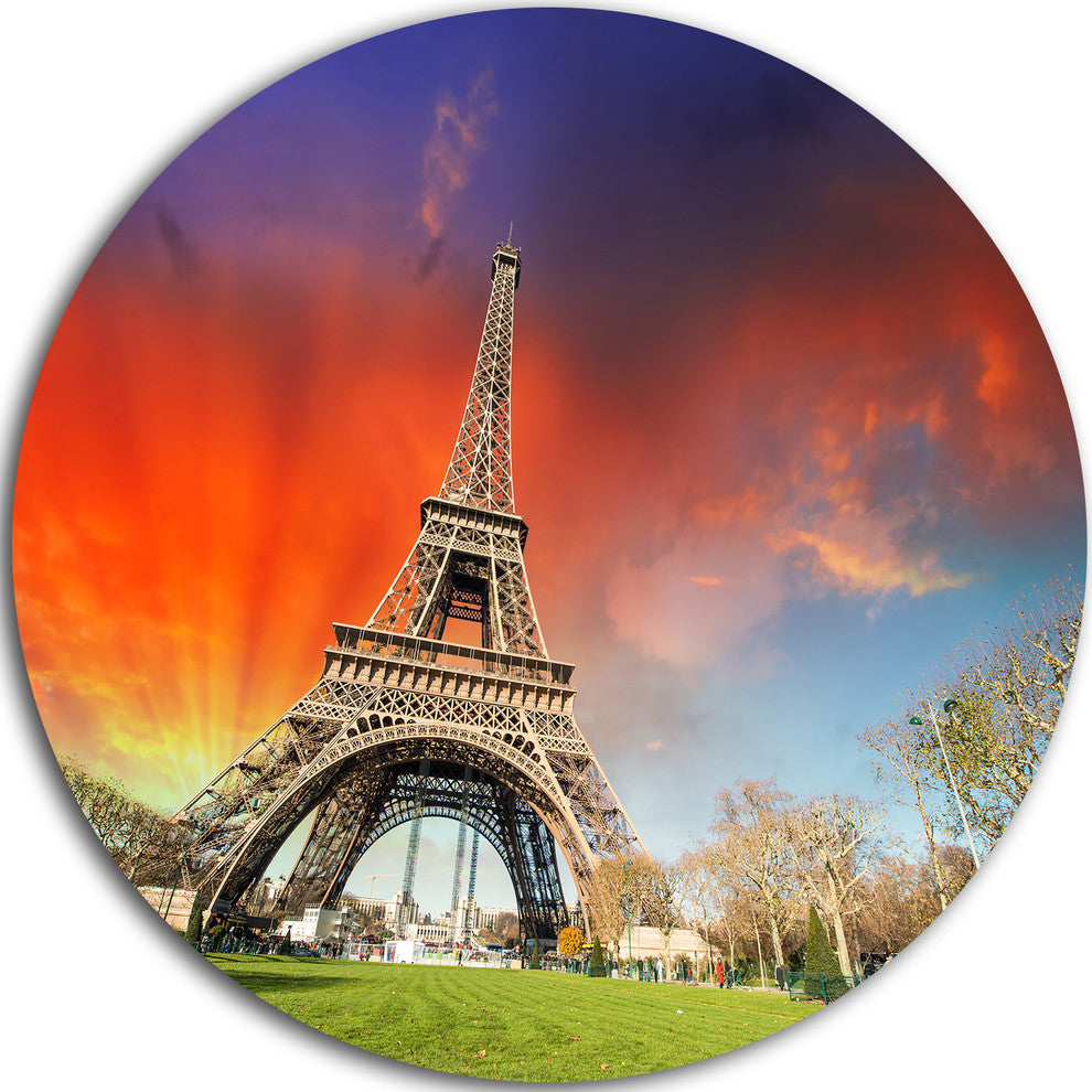 Eiffel Tower Under Colorful Sky, Landscape Disc Metal Wall Art, 23"