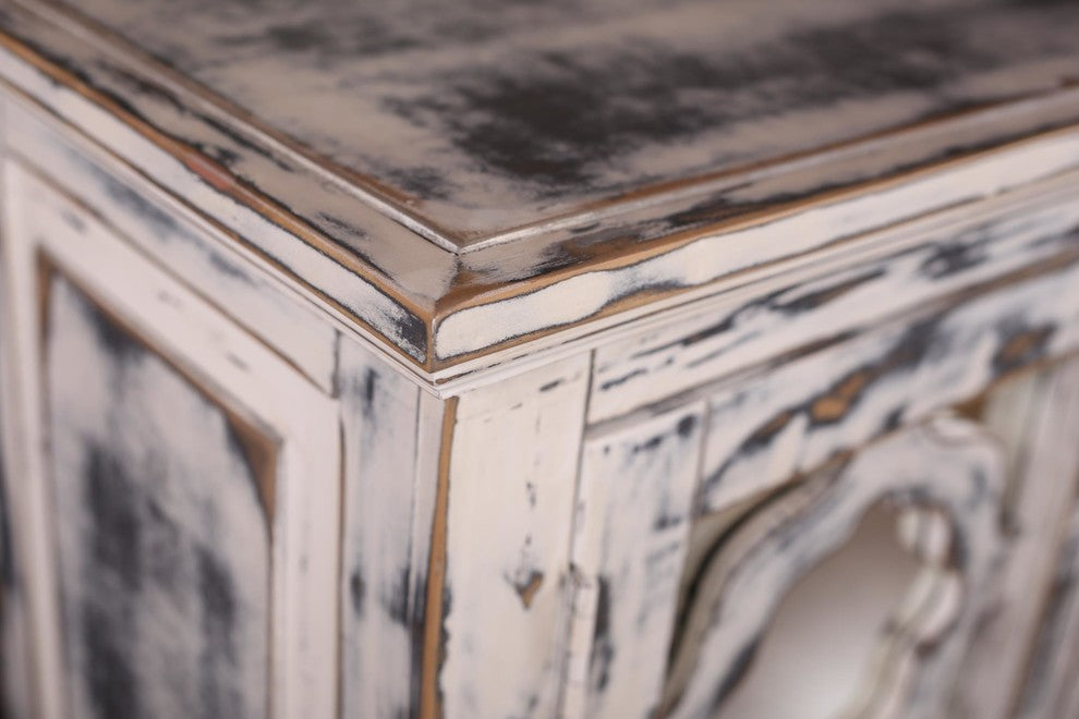 Keystone Distressed White Mirrored Sideboard/Cabinet/Bookcase