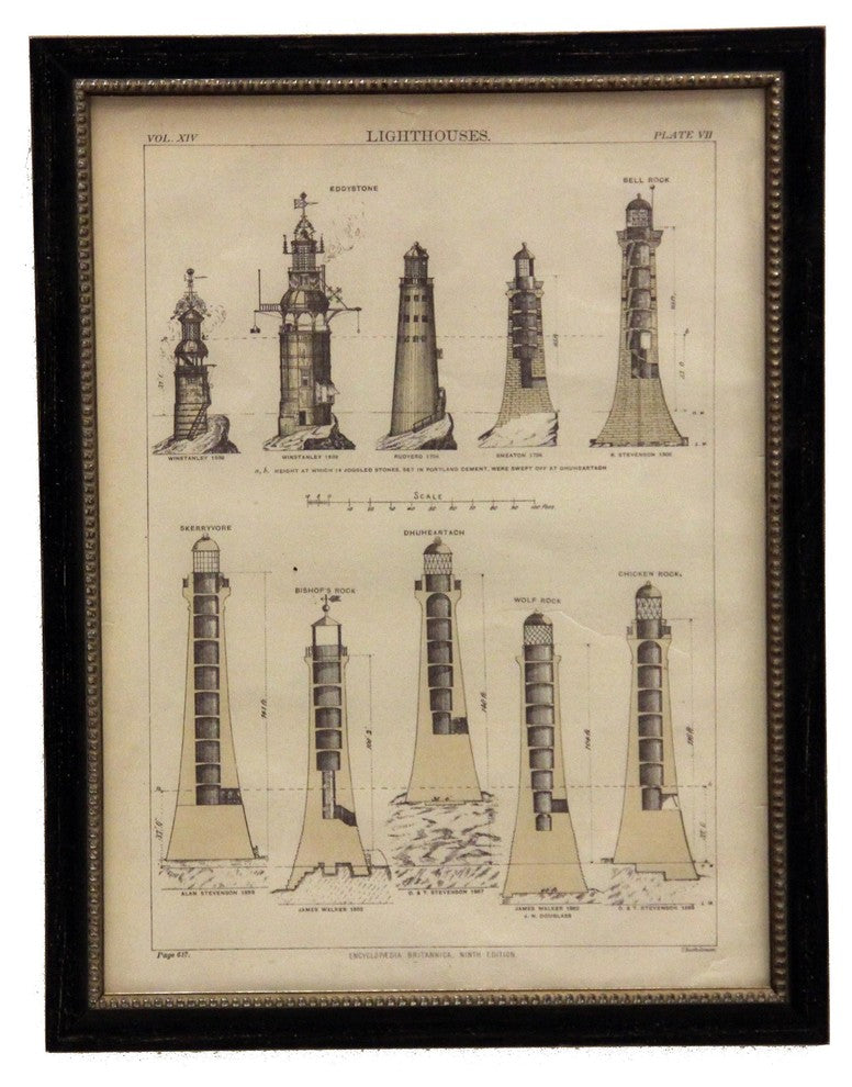 Black And White Lighthouses Plate Vii, Black Frame With Silver Bead