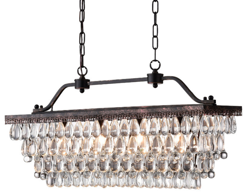 4-Light Antique Bronze Rectangular Crystal Chandelier Dining Room Fixture Glam