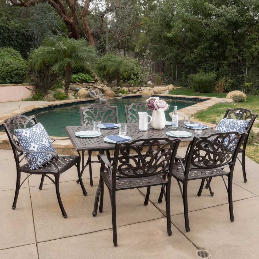 GDF Studio 7-Piece Fonzo Outdoor Bronze Cast Aluminum Rectangular Dining Set