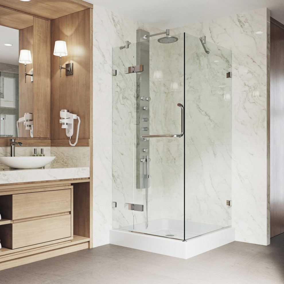 VIGO Monteray 32''D x 32"W x 79"H Frameless Hinged Shower Enclosure, Chrome, With Base