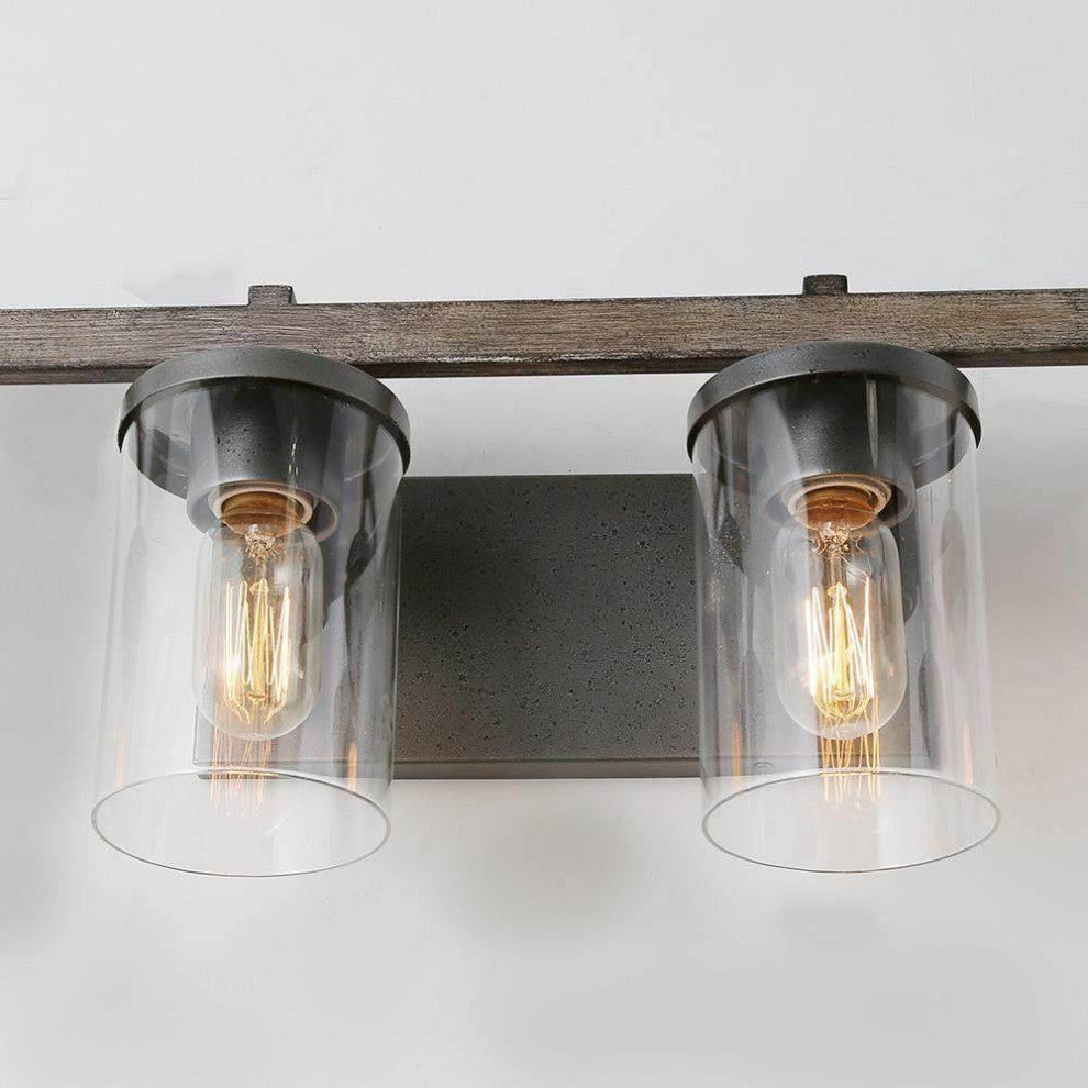LALUZ Clear Glass Farmhouse Bathroom Vanity Lights, Bronze and Wood Grain, 4-Light