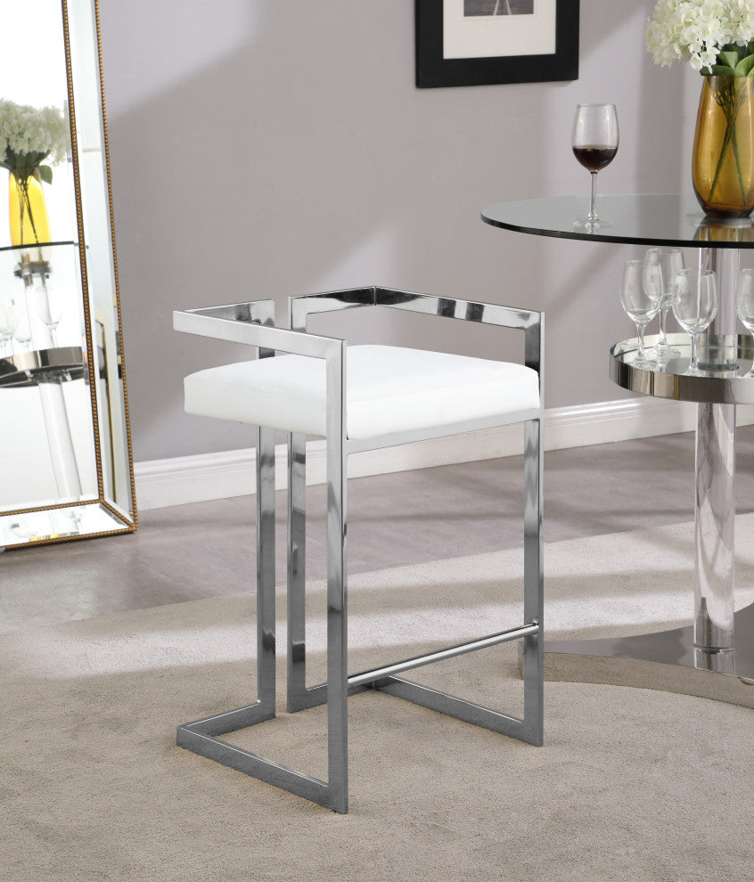 Ezra Counter Stool, Set of 2, White Vegan Leather, Chrome Base