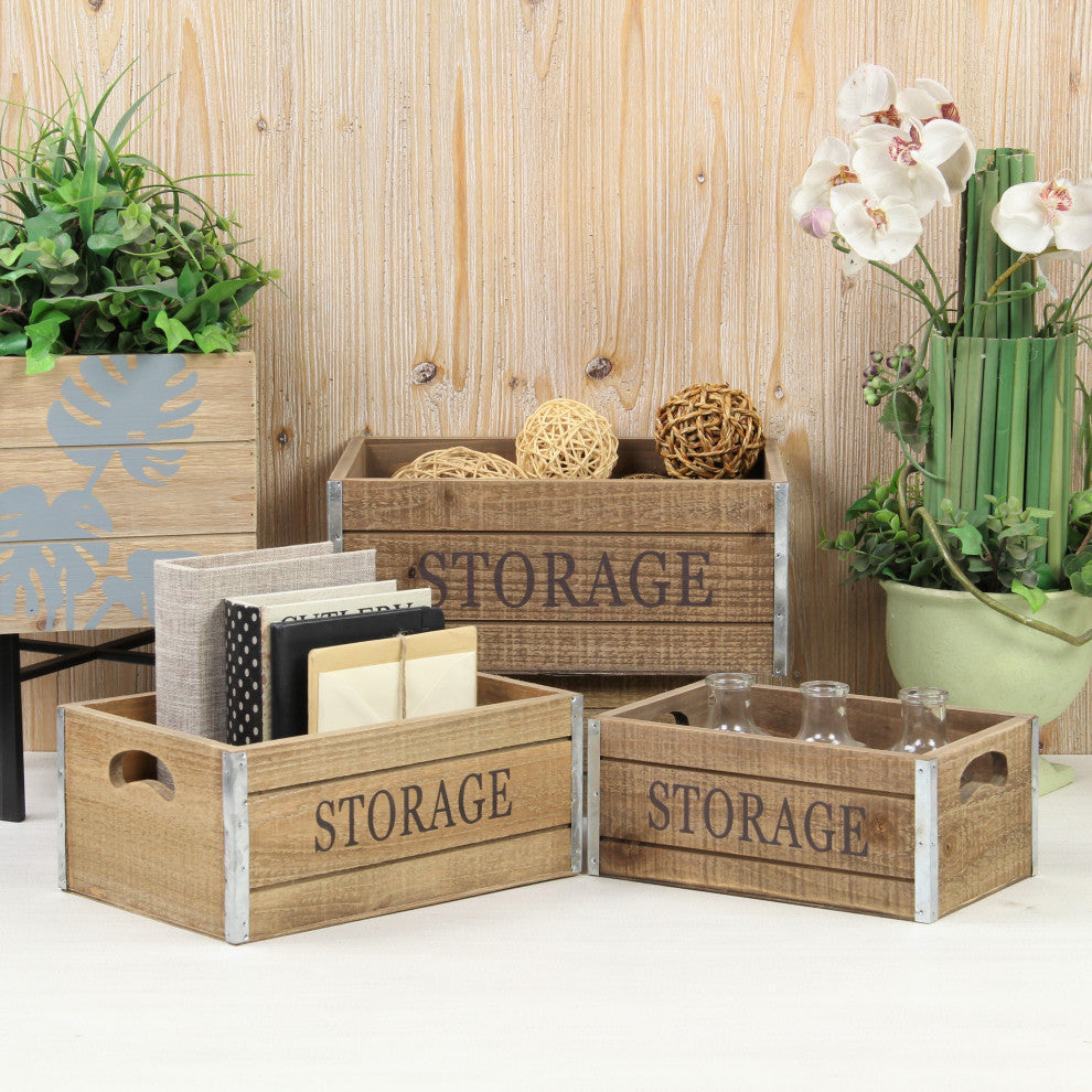 Eika Metal Accented Wooden Storage Crates, 3-Piece Set