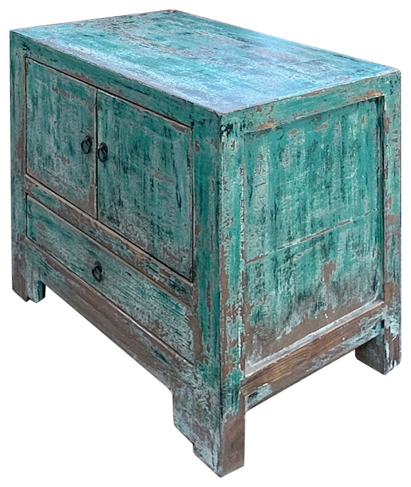 Oriental Distressed Teal Blue Green End Table Nightstand Chest