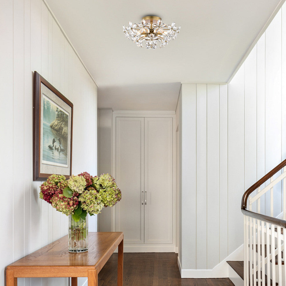 Grace 6-Light Crystal Glass Flower Flush Mount, Brushed Brass Finish