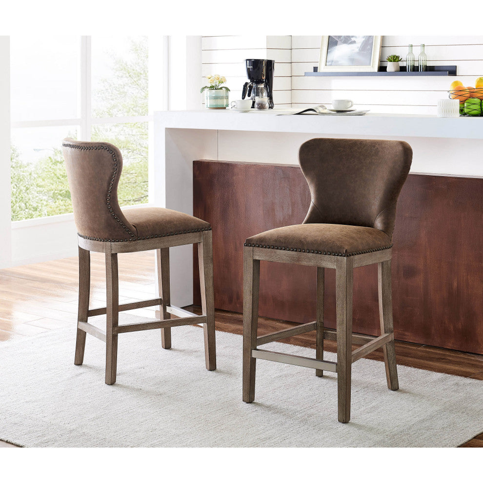 Dorsey Bar/ Counter Stool Drift Wood Legs, Nubuck Chocolate, Counter Stool, Faux Leather