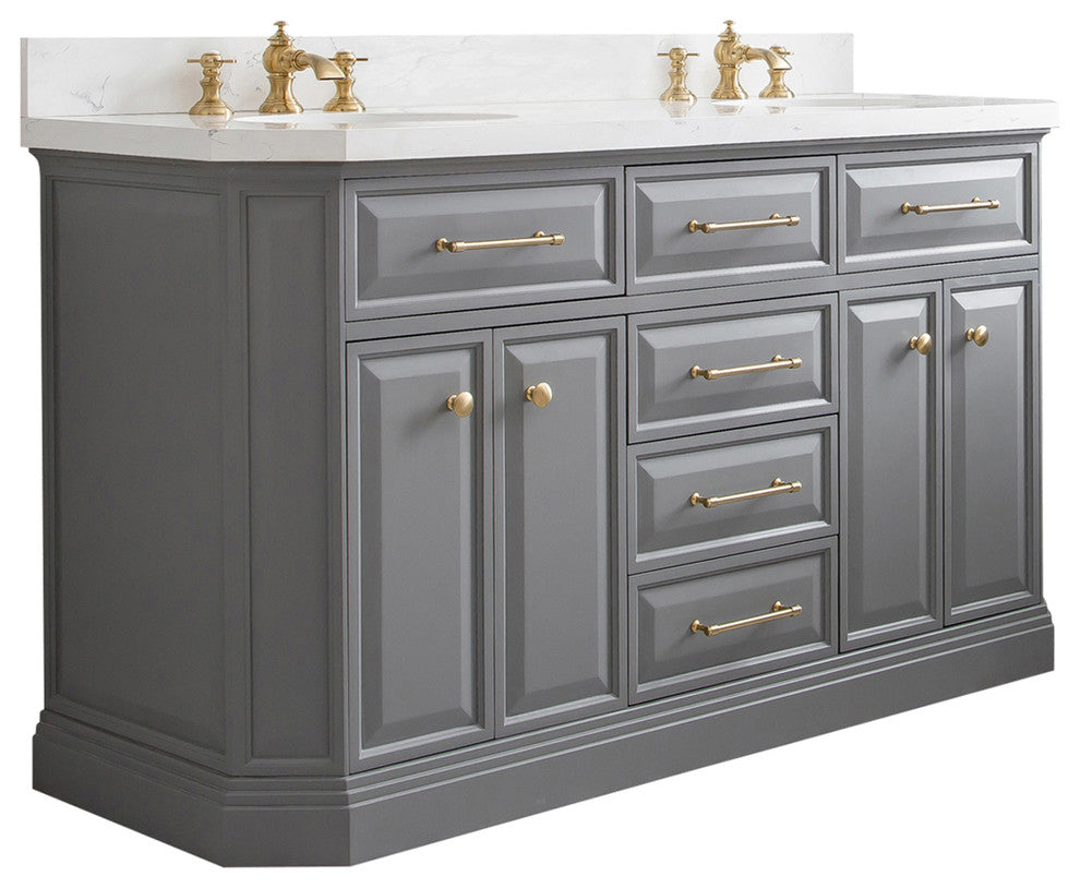 60" Palace Quartz Gray Vanity With Brass Hardware, Faucets and Chrome Mirrors