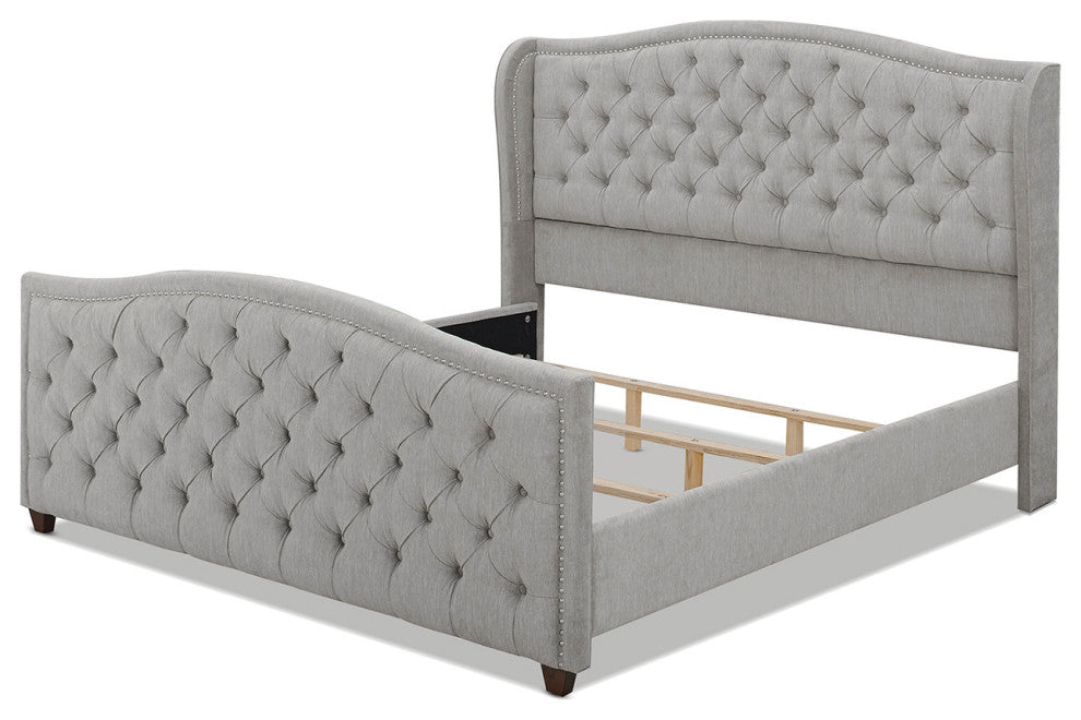 Marcella Upholstered Tufted Shelter Wingback Panel Bed, Silver Grey Polyester, King