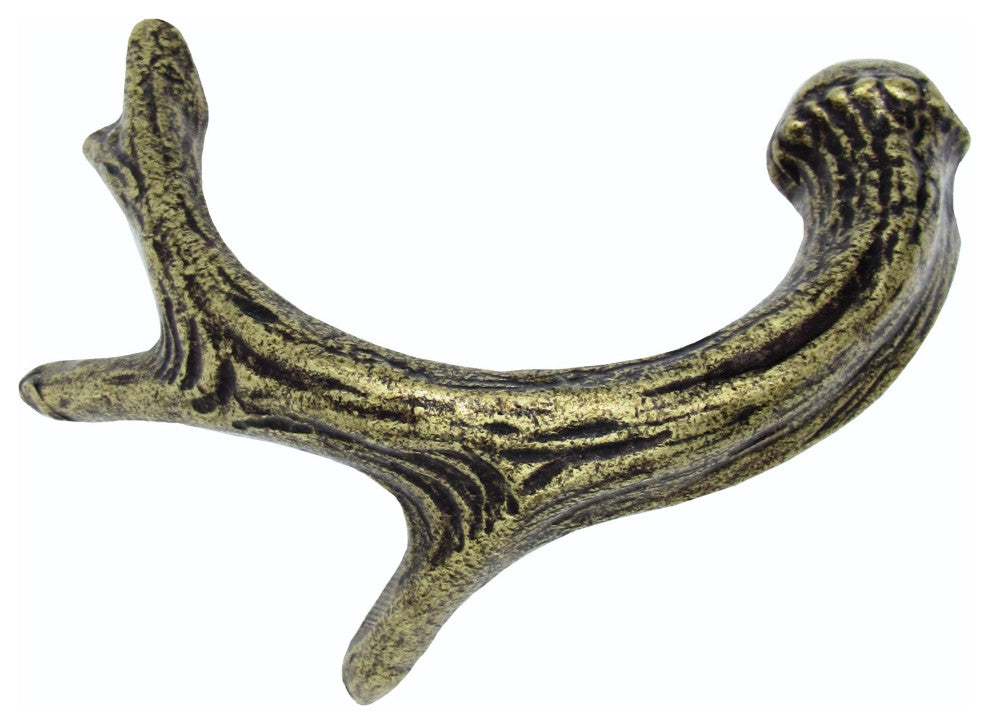 Antler Right Facing Cabinet Pull, Antique Brass