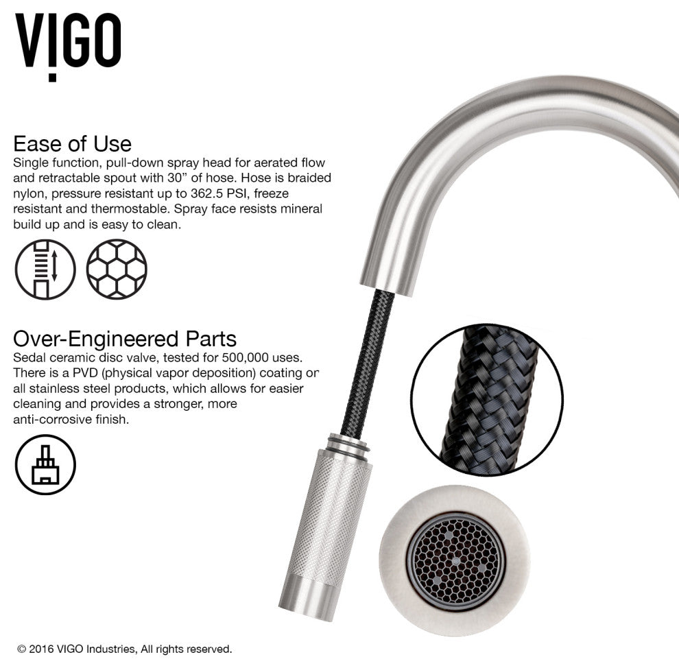 VIGO Gramercy 17" H Single Handle Pull-Down Sprayer Kitchen Faucet, Stainless Steel, No Sensor, Without Extras