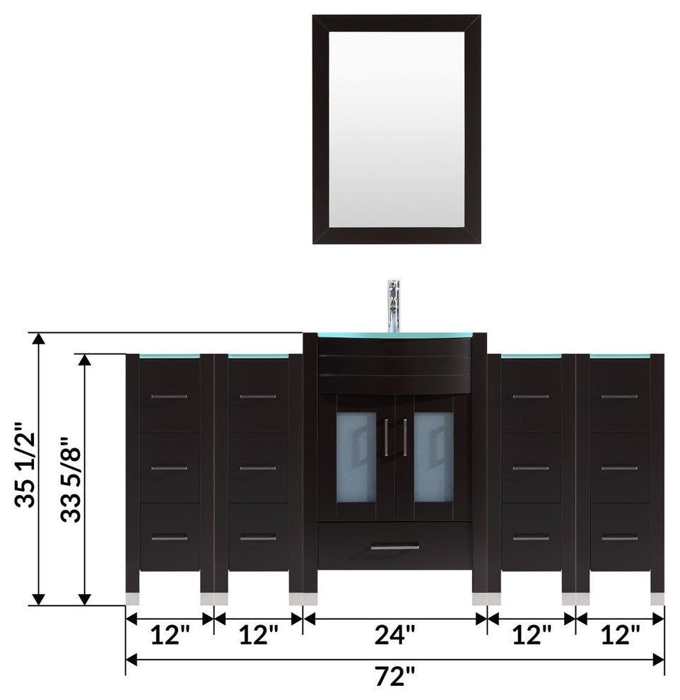 72" Black Vanity, 24" Single Sink Base, Quad 12 Drawer Bases, LV3-C7-72-B