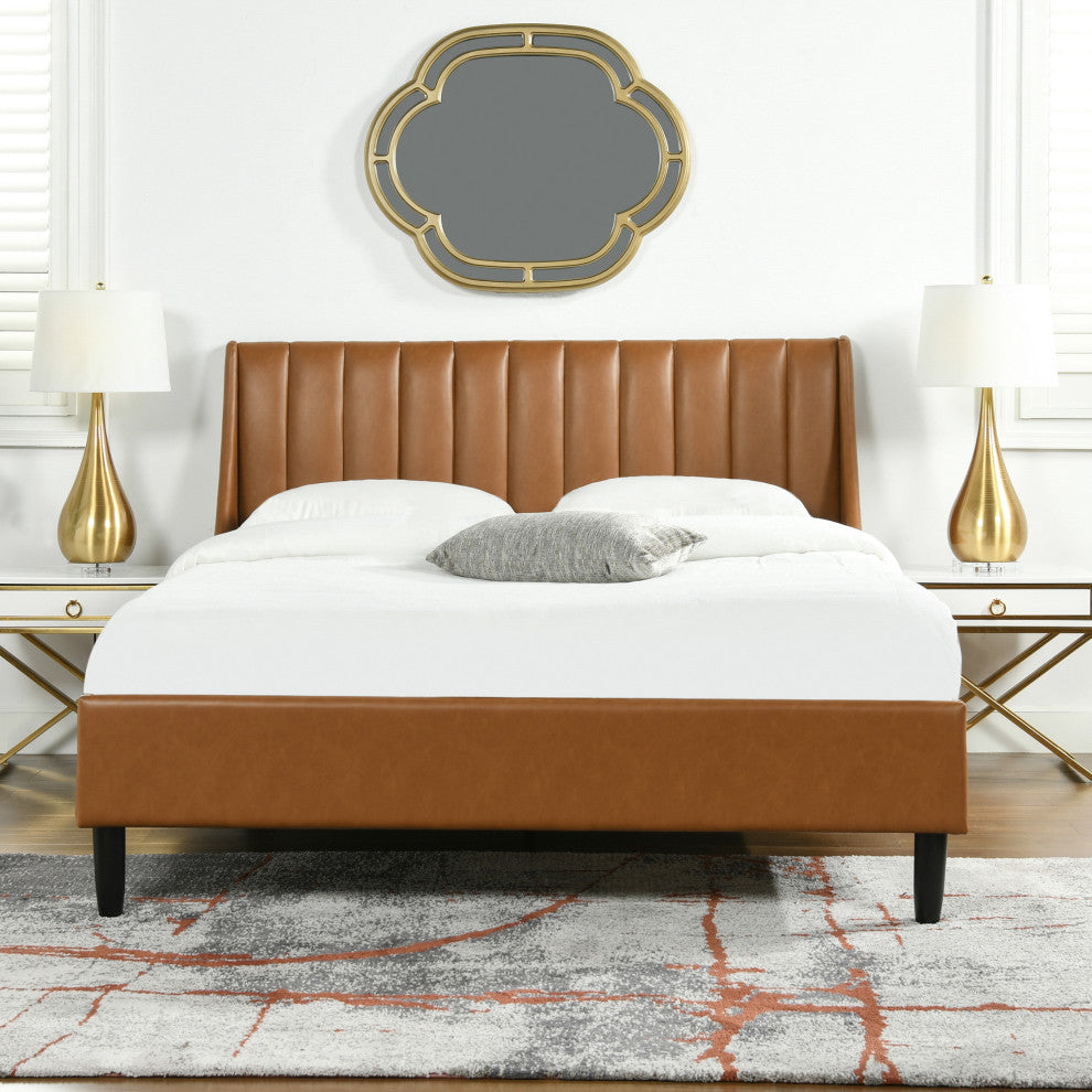 Aspen Modern Vertical Tufted Upholstered Platform Bed, Caramel Tan Brown Faux Leather, Queen