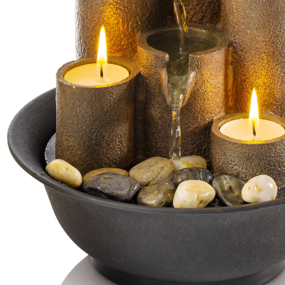 11" Tall Indoor Tiered Column Tabletop Fountain with 3 Candles