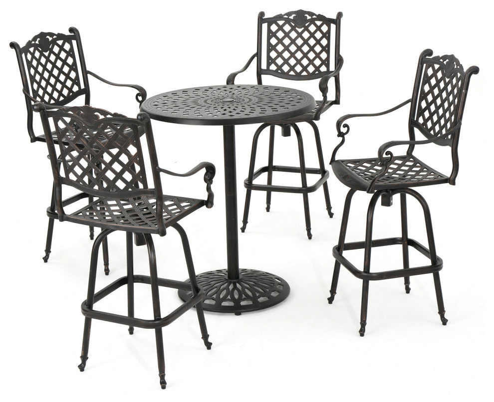 GDF Studio Arianna Outdoor Aluminum Bar Set With Patina Copper Finish, 5 Piece Set